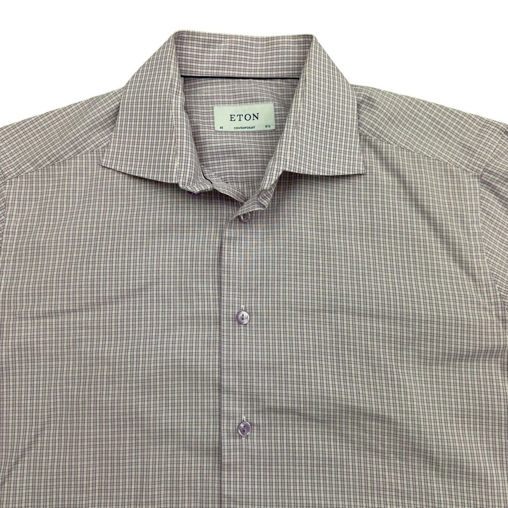 Eton Shirt Mens 40 15.75 Purple Long Sleeve Button Up Contemporary Check Cotton